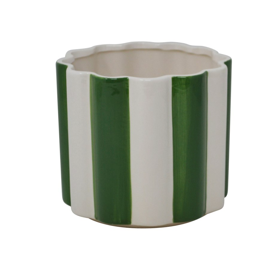 Cache-pot en céramique - Rayure blanc et vert - 5 pouces