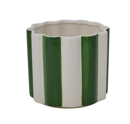 Cache-pot en céramique - Rayure blanc et vert - 5 pouces