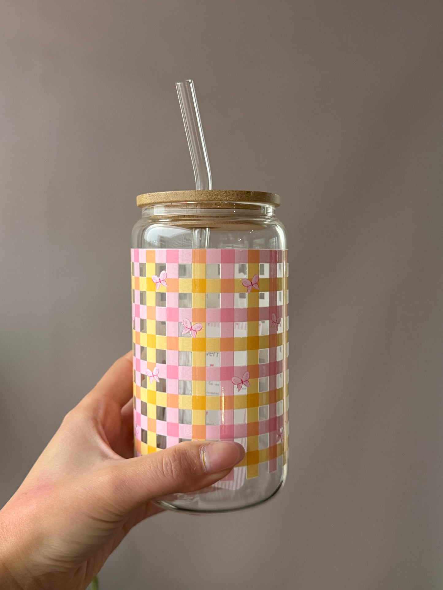 Alarocque Design - Verre 16 oz - Carreauté orangé et papillons