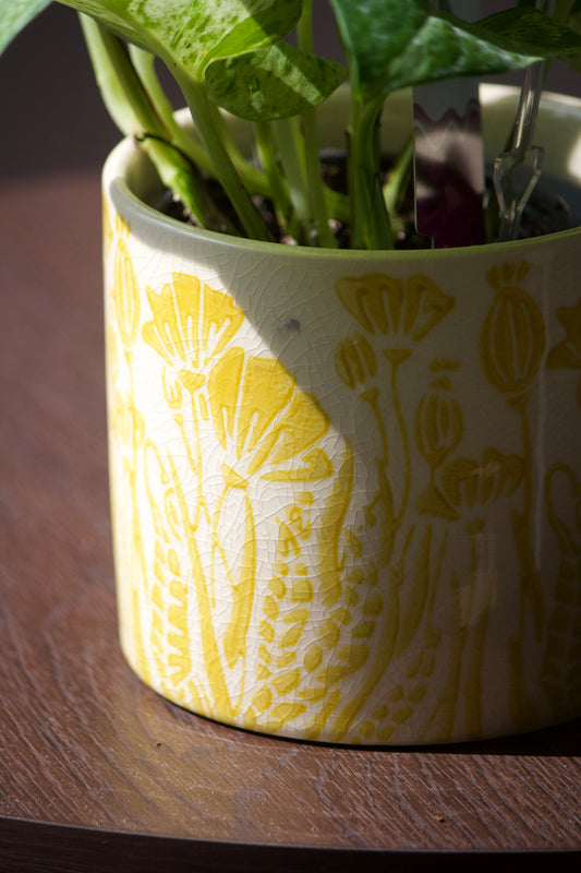 Cache-pot en céramique - fleurs jaunes - 4 pouces