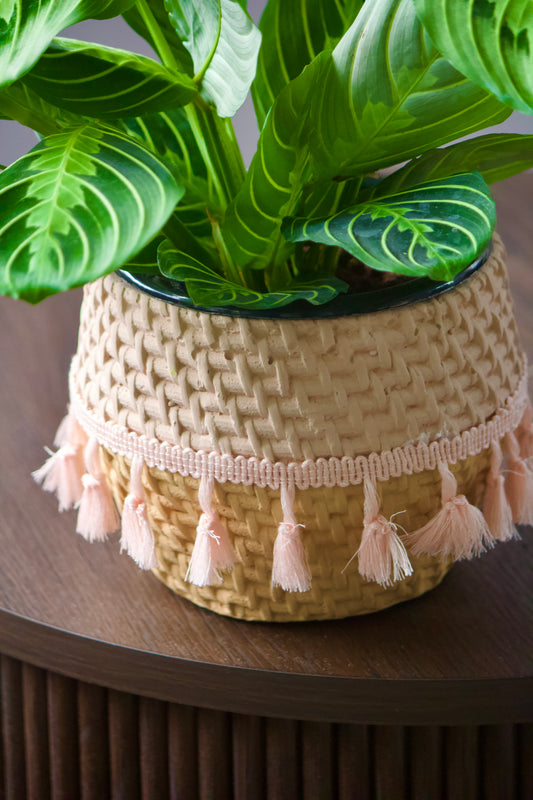 Cache-pot en céramique - Macramé rose - 5 pouces
